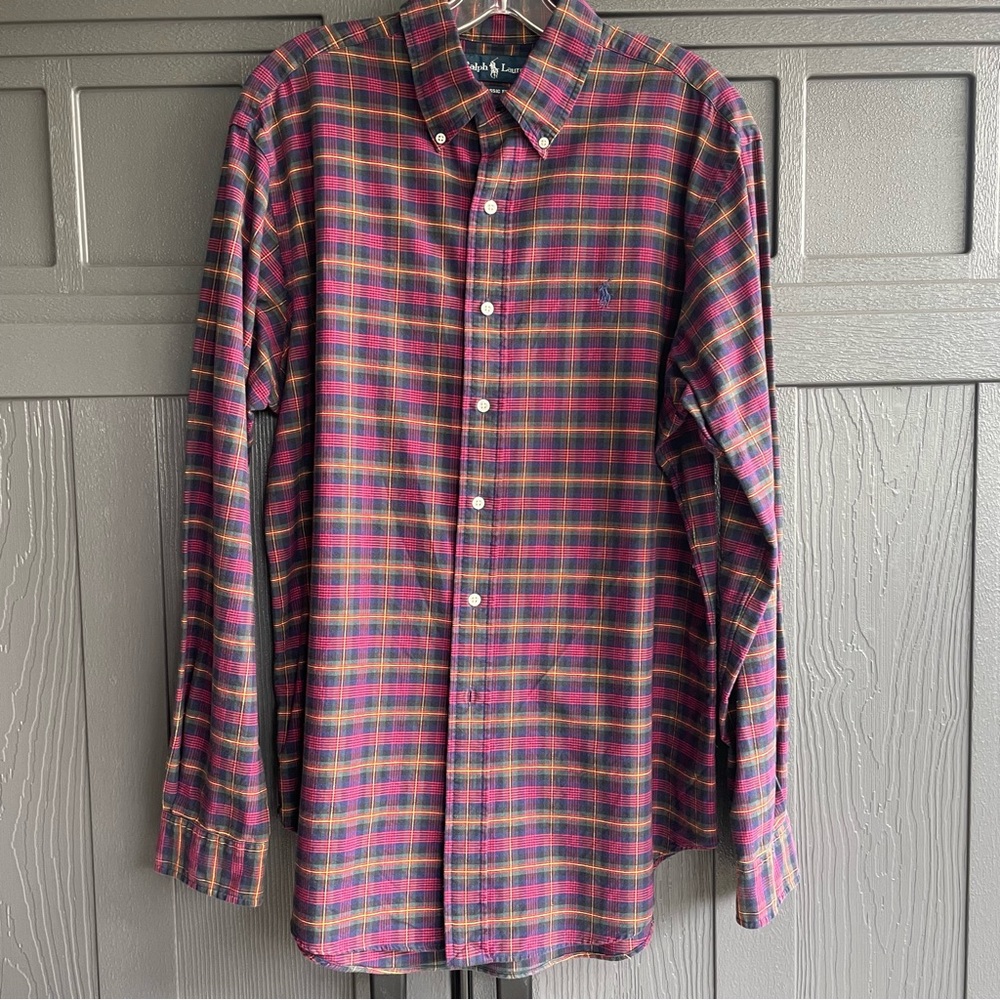 Men Polo by Ralph Lauren Red Green Blue Plaid Oxford shirt Large VGUC